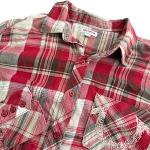 True Religion Mens Red Plaid Flannel Button Down Shirt Back Graphic Size L